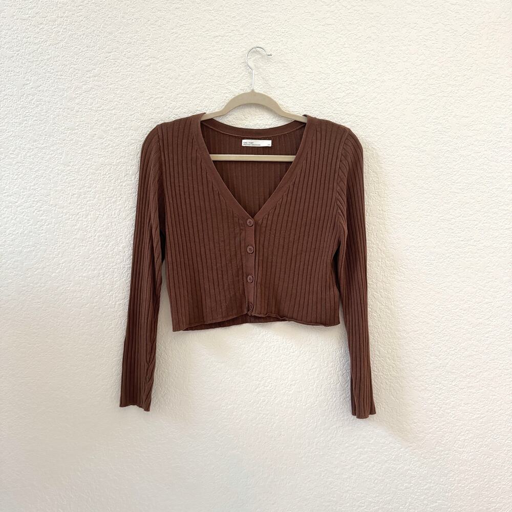 Oak + Fort Brown Ribbed Lightweight Cropped Cardigan